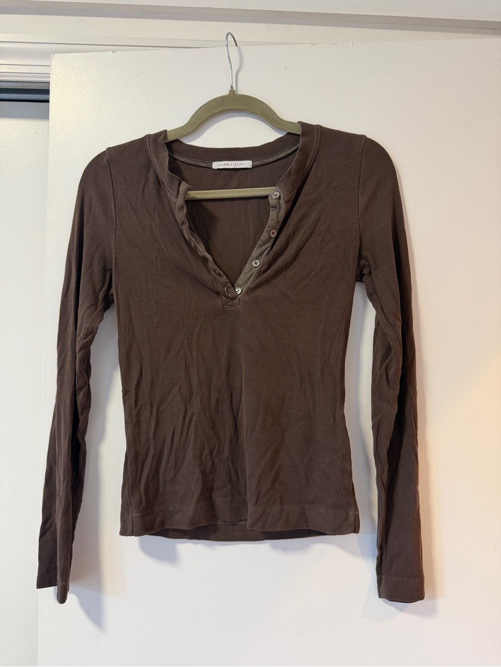 John Elliott Brown Long-Sleeve Henley Top